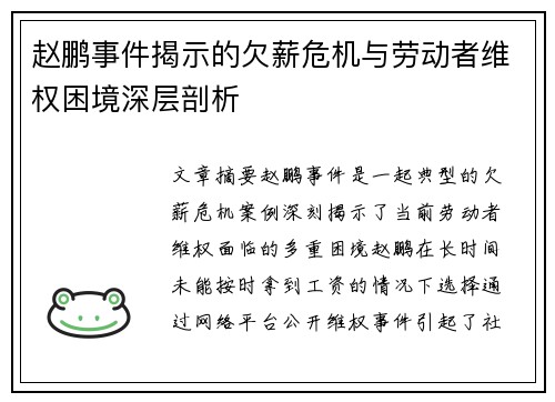 赵鹏事件揭示的欠薪危机与劳动者维权困境深层剖析