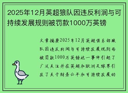 2025年12月英超狼队因违反利润与可持续发展规则被罚款1000万英镑