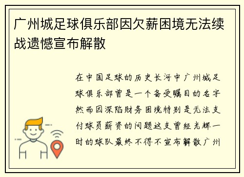 广州城足球俱乐部因欠薪困境无法续战遗憾宣布解散