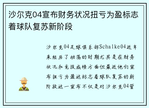 沙尔克04宣布财务状况扭亏为盈标志着球队复苏新阶段