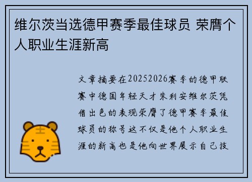 维尔茨当选德甲赛季最佳球员 荣膺个人职业生涯新高